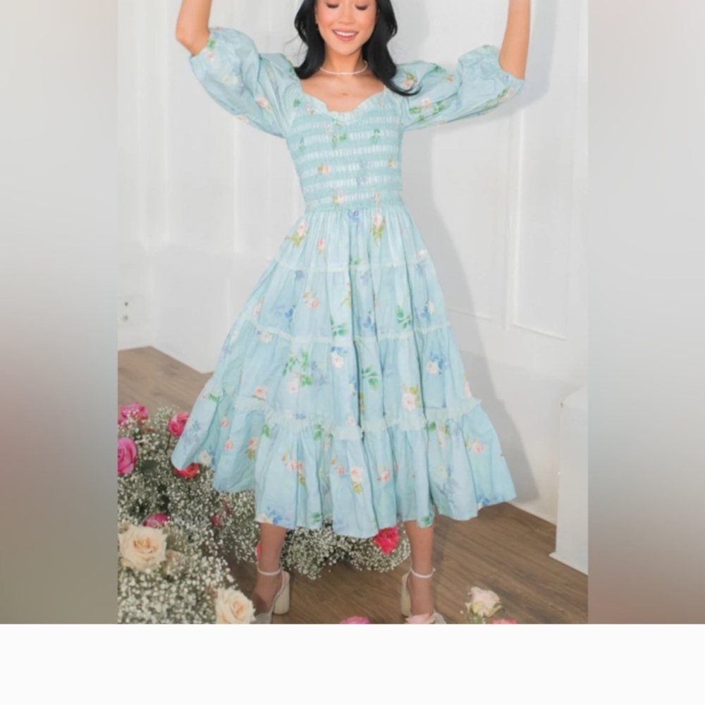 Ivy City Co Green and Blue Midi Dress with Puff Sleeves